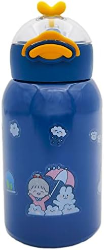 Lanhuilin-Детска Изолирано бутилка за вода с една чаша-патица с панти капак от сламки, термос от неръждаема стомана с соломинкой, защитена от разливане, Вакуумна чаша за хранителни продукти, които не съдържат BPA, с