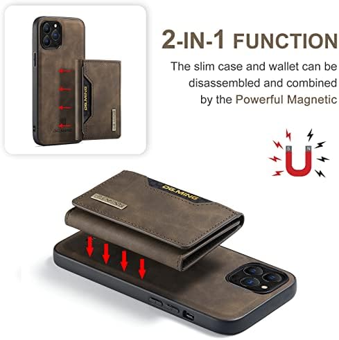 SMAIGE е Съвместим с iPhone 14 Pro, една чанта-портфейл с държач за кредитни карти, 2 в 1, Подвижни Чантата си на Задната Магнитна закопчалка, Кожен калъф, Поставка за чантата си, устойчив на удари калъф 6,1 инча (кофейно-кафяв)