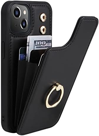 DONBAO е Съвместим с калъф за iPhone 14, Чантата с държач за карти, въртяща се на 360 °, Притежател на пръстена на пръста, Поставка за крака, Защитно RFID заключване, Панти противоударной покритие от изкуствена кожа,
