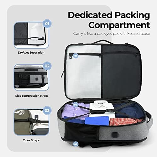 Раница за носене MACWE с Подвижна чанта за лаптоп - Увеличиваемый Полет Раница - Водоустойчива раница-багаж за мъже и Жени (Сив)