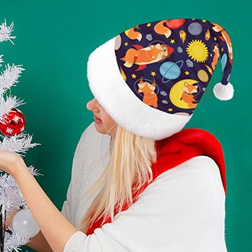 Сладка коледна шапка с лисици ръка в космоса, мек плюшен шапчица Дядо Коледа, забавна шапчица за коледно новогодишната партита