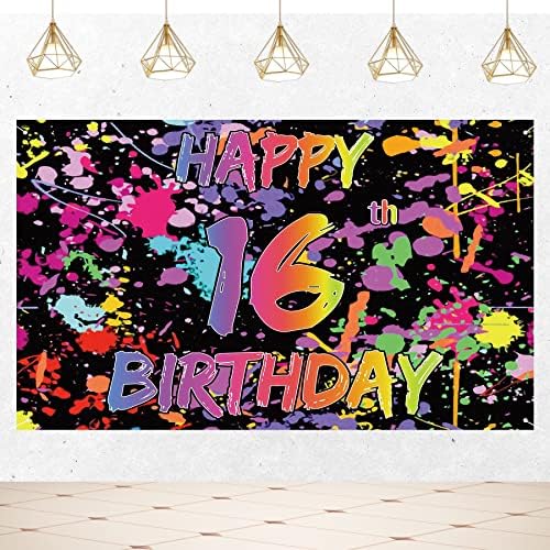 Joyiou Happy 16th Birthday Neno Светещи в Тъмното Фон, Банер, Табела, Украса за Момичета И Момчета, Цветни графити, Пръски Боя, 16th Birthday Party, Стоки за украса на помещения и на улицата (5x3 фута)