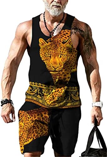 EAFANA Мъжки Комплект от 2 теми, Тениски за мускулите, Леопардовые Плажни Облекла в стил хип-Хоп Без Ръкави с графичен Дизайн, S-3XL