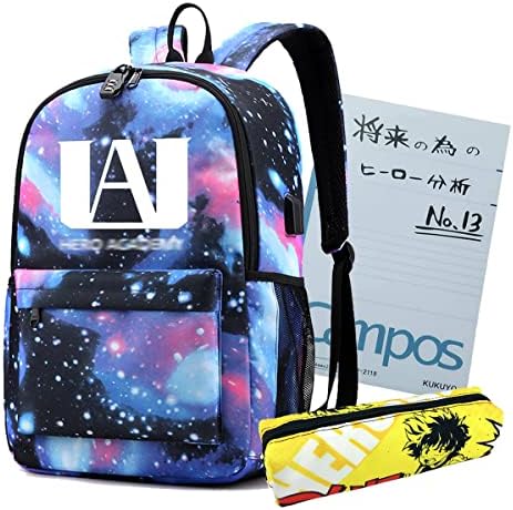 MHA Нажежен Раница Academia Notebook Izuku Notebook Раница за лаптоп USB порт За Зареждане на Унисекс Bookbag Daypack (Galaxy)