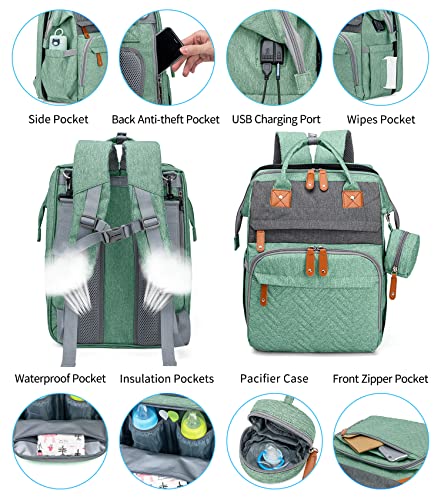 Раница-чанта за памперси KABAQOO Baby - Чанта за Памперси с Подвижна станция за Преобличане, Детска чанта за момчета и Момичета - Търсене и в Регистъра на новородено, Подаръци за душата, Зелен, Сив