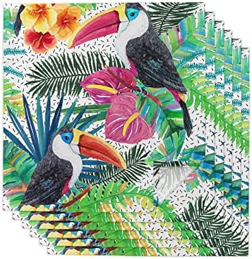 Кухненски Тъканни Кърпички с Тропически Дизайн, Цветове от Тукана и Палмови листа, Изобразявайки на Джунглата, Комплект от 6 Кърпички за Семейни вечери, коктейли, Сватби, 20x20 см